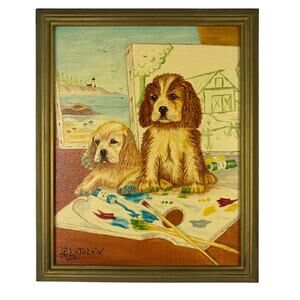 oil painting Artist Puppies 11 x 14 framed complete dogs 2000 vintage handmade